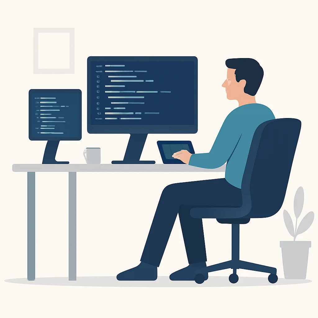 Illustration d'un développeur assis confortablement dans une chaise ergonomique devant un bureau moderne avec plusieurs écrans