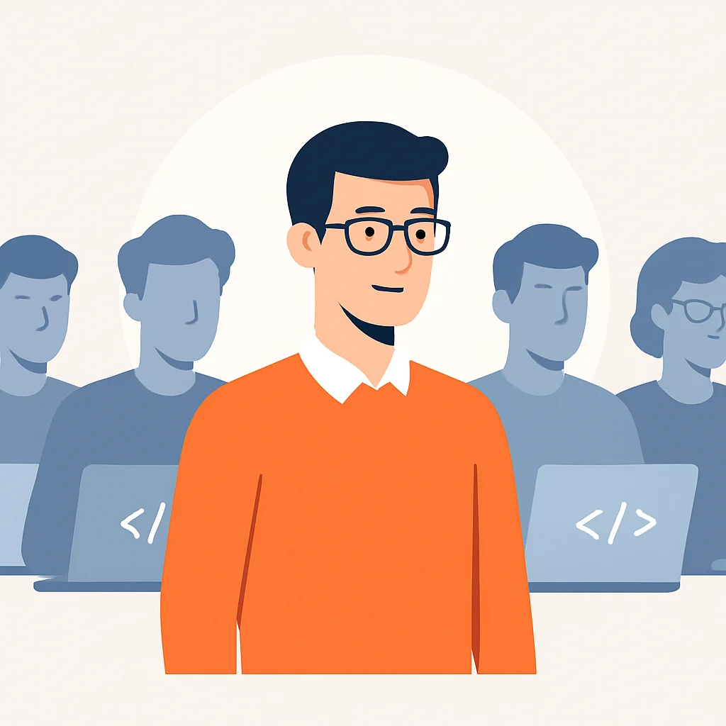Illustration d'un développeur se démarquant d'une foule de développeurs génériques, symbolisant l'importance de la marque personnelle