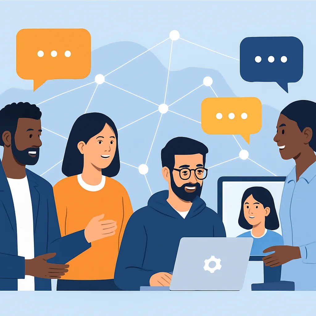 Illustration d'un groupe diversifié de développeurs en réseau lors d'un événement tech, avec des bulles de discussion et des connexions lumineuses entre eux. Montrant des éléments en personne et virtuels.
