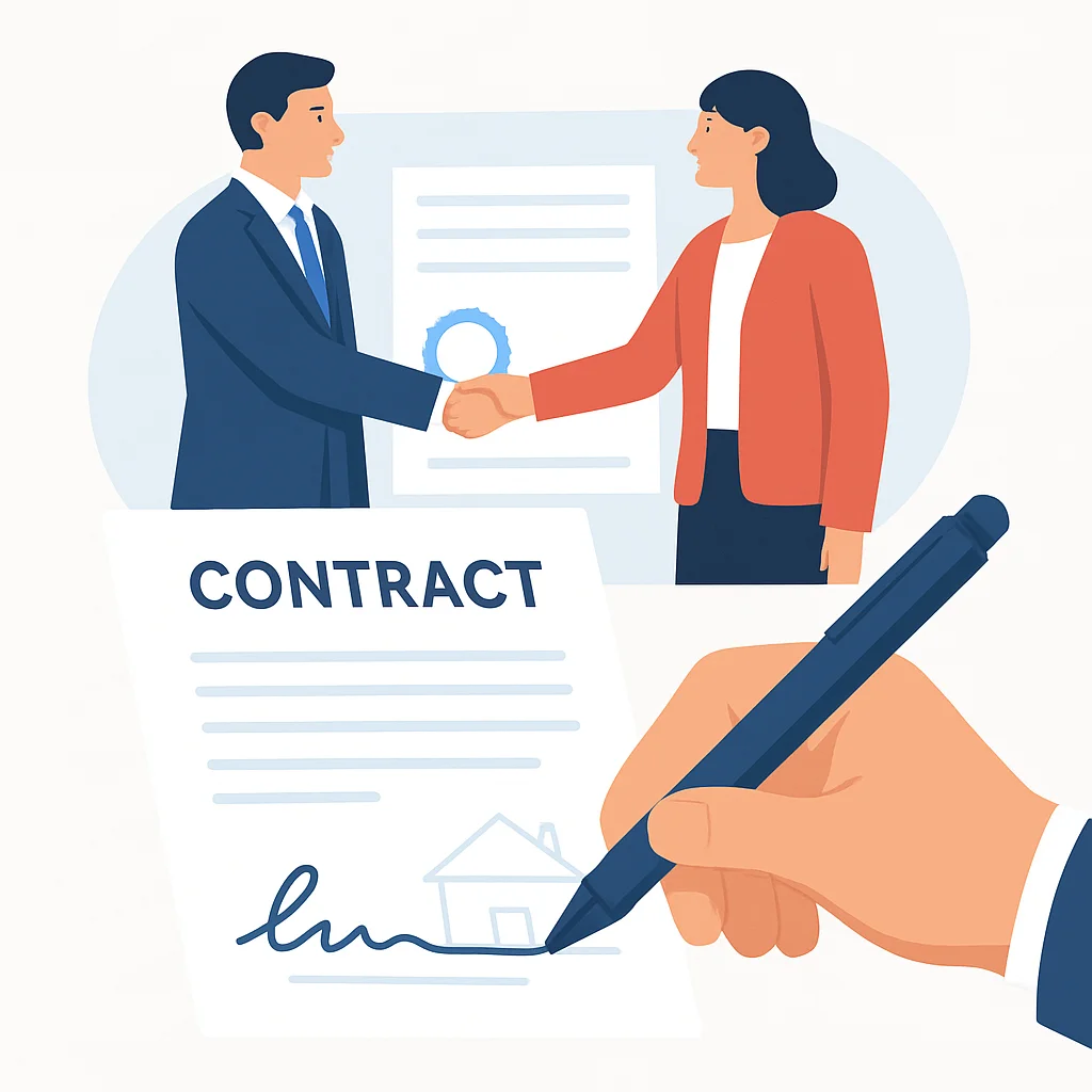 Illustration d'une main signant un contrat immobilier avec notaire et agent