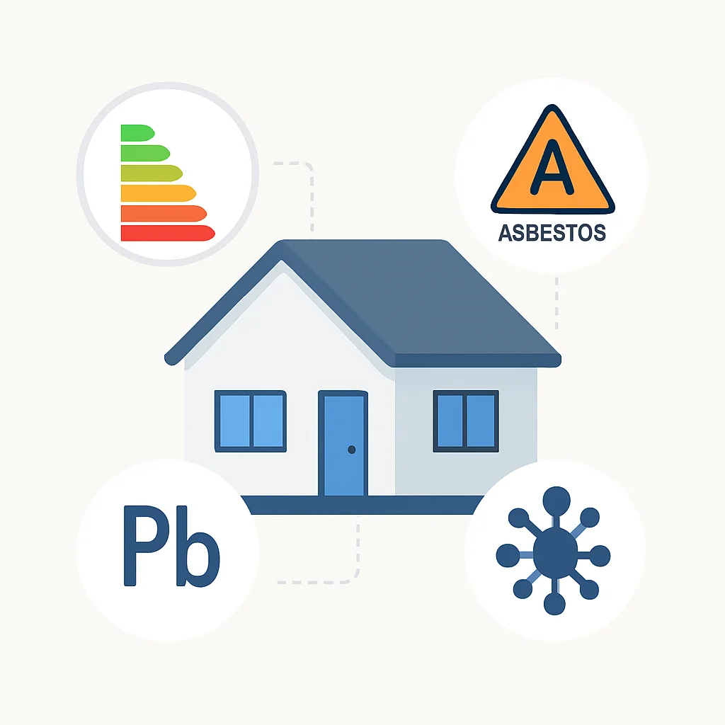 Illustration d'une maison avec icônes de diagnostics (DPE, amiante, plomb)