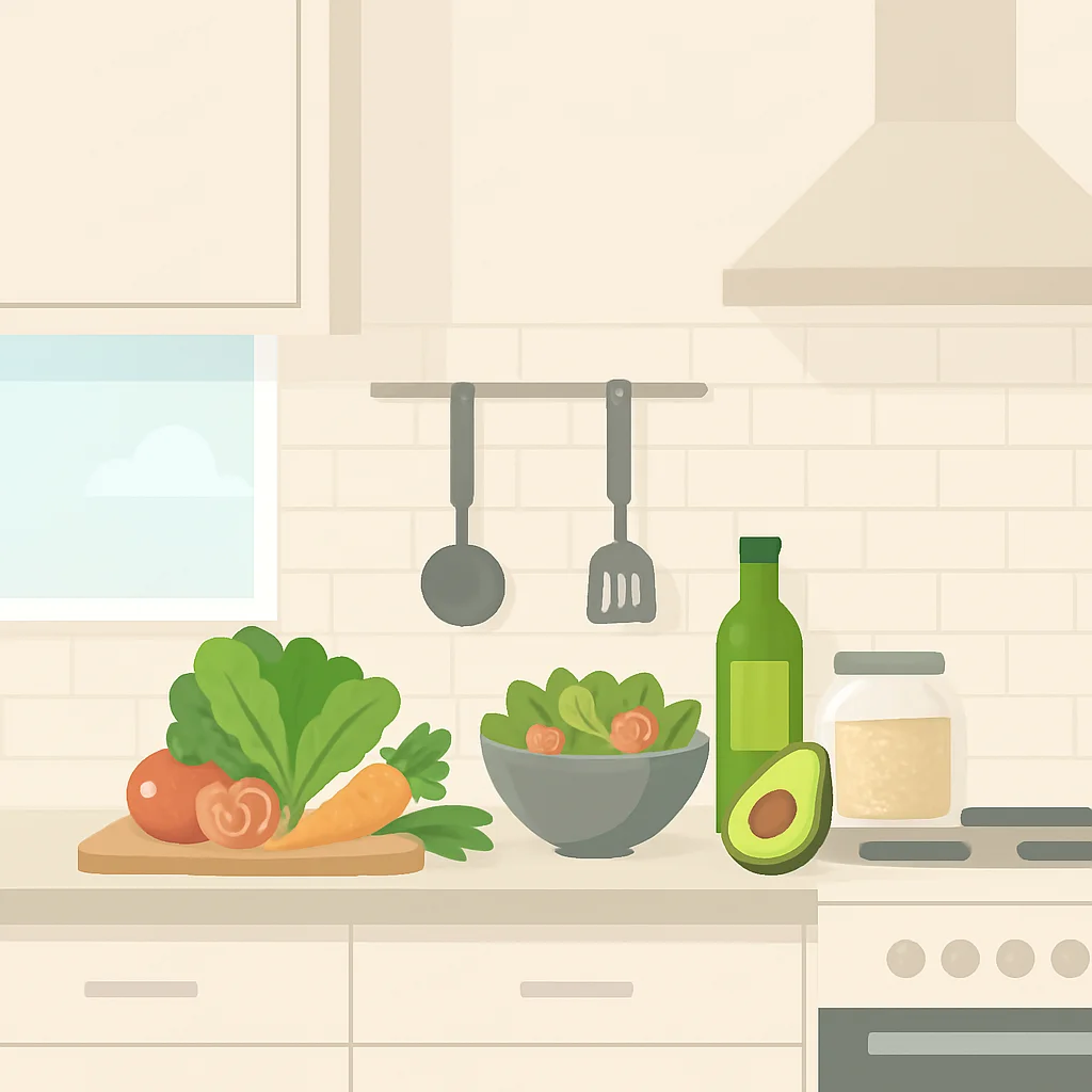 Illustration d'une cuisine rangée avec des ingrédients sains, symbolisant une bonne planification des repas et un mode de vie sain