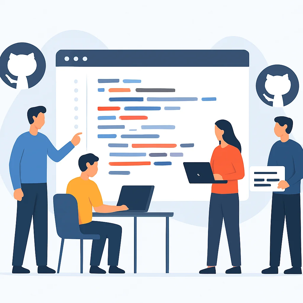 Illustration de développeurs collaborant sur un grand projet open source, avec des extraits de code et des logos GitHub