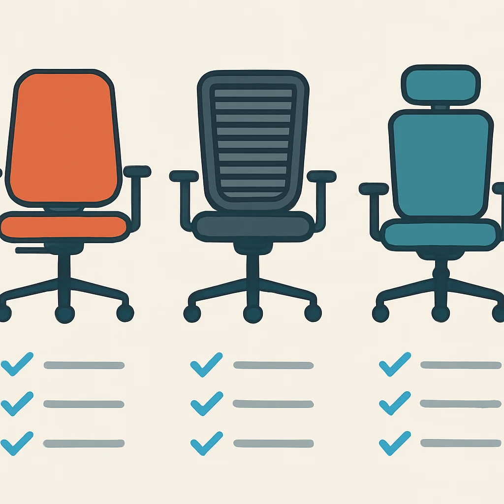 Infographie comparant les caractéristiques de trois chaises ergonomiques côte à côte