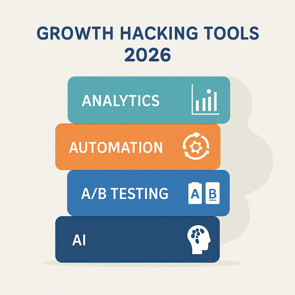 Infographie présentant une pile d'outils de growth hacking essentiels pour 2026, classés par fonction (Analyse, Automatisation, Tests A/B, IA)
