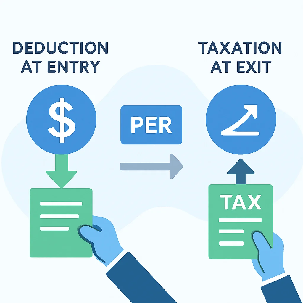 Infographie expliquant les avantages fiscaux du PER, montrant la déduction à l'entrée et les options de taxation à la sortie