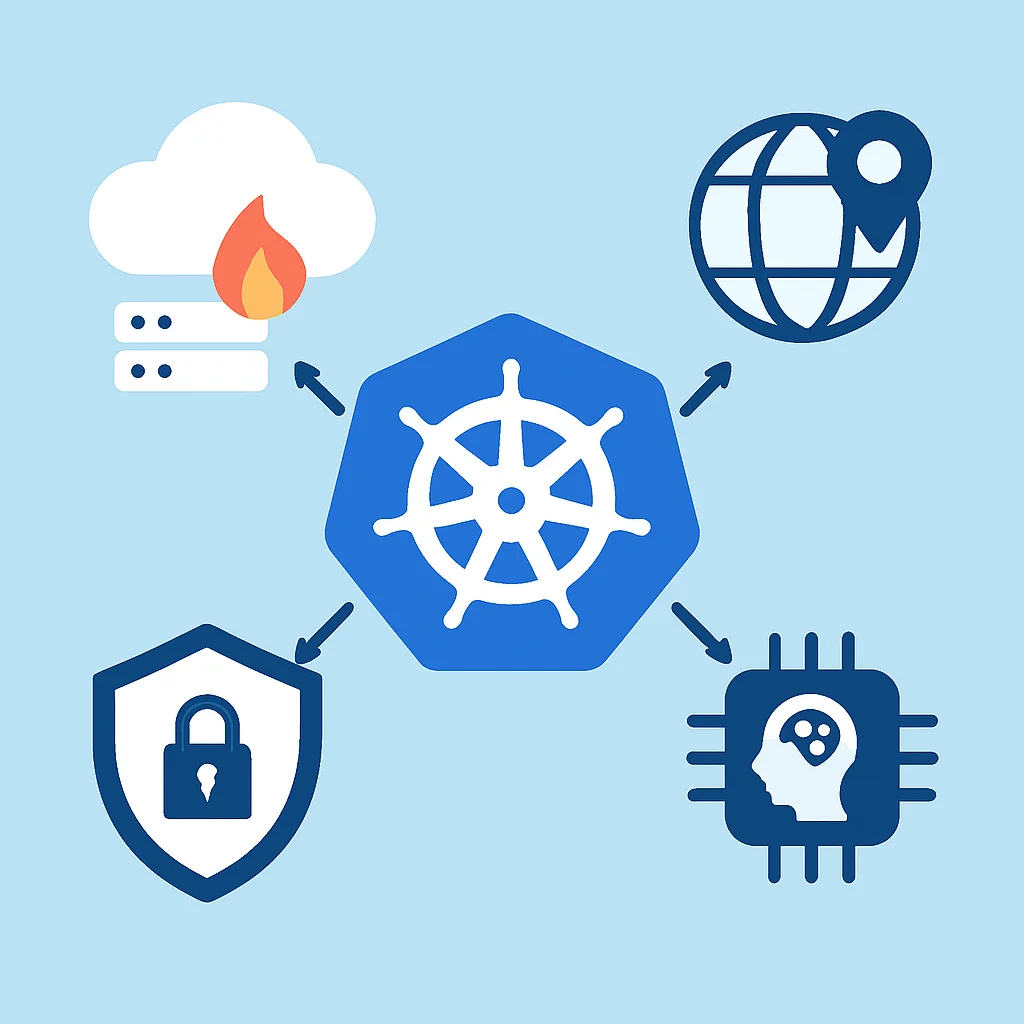 Infographie des tendances futures de Kubernetes : Serverless, Edge Computing, Sécurité Avancée, IA/ML.