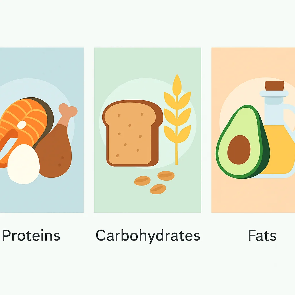 Infographie des macronutriments essentiels et leurs sources saines, avec des illustrations
