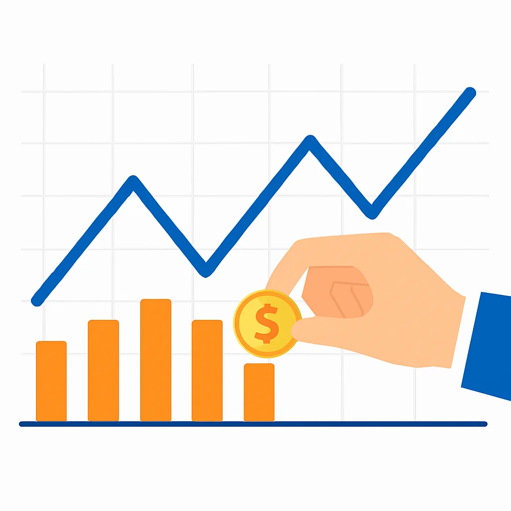 Infographie illustrant la stratégie du Dollar-Cost Averaging avec des investissements mensuels constants malgré les fluctuations du marché
