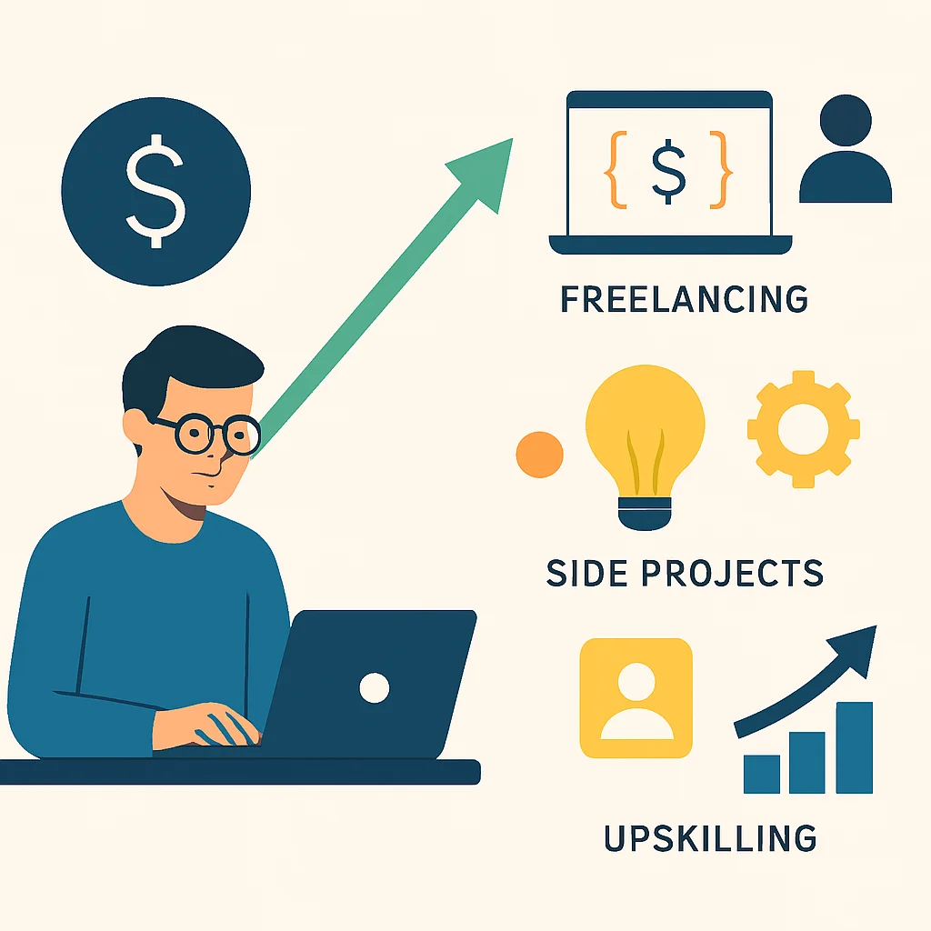 Infographie sur les stratégies d'optimisation des revenus pour les développeurs (freelance, projets parallèles, montée en compétences)