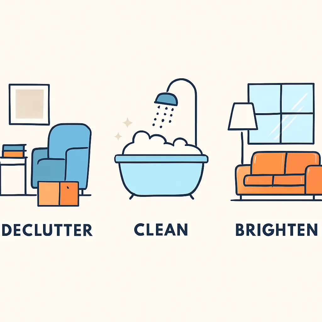 Infographie des astuces de home staging (désencombrer, nettoyer, éclaircir)