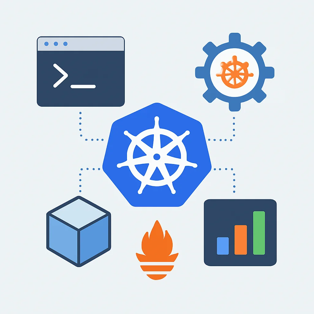 Infographie présentant les outils clés de l'écosystème Kubernetes : kubectl, Helm, Minikube, Prometheus, Grafana.