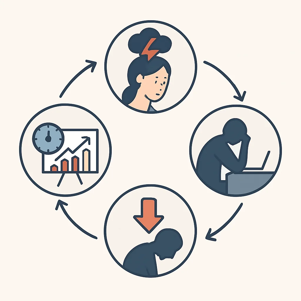 Infographie illustrant le cycle du burnout avec ses causes et ses effets