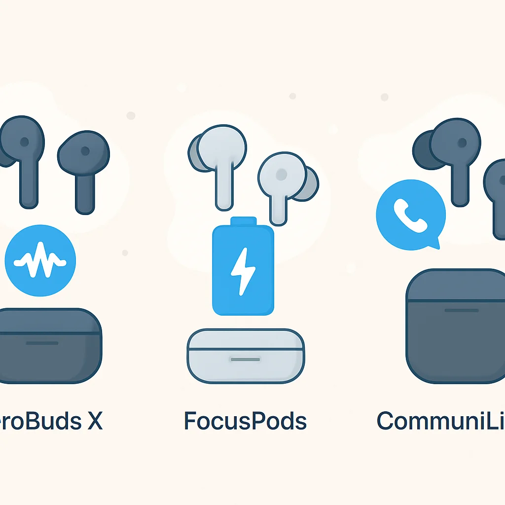 Infographie résumant les forces clés de chaque modèle TWS Kwontenu (ProBuds X : ANC/Audio, FocusPods : ANC/Batterie, CommuniLink : Qualité d'appel)