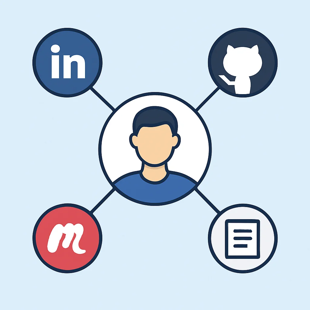 Diagramme de réseau montrant les connexions entre un développeur central et diverses plateformes (LinkedIn, GitHub, meetups, blog)
