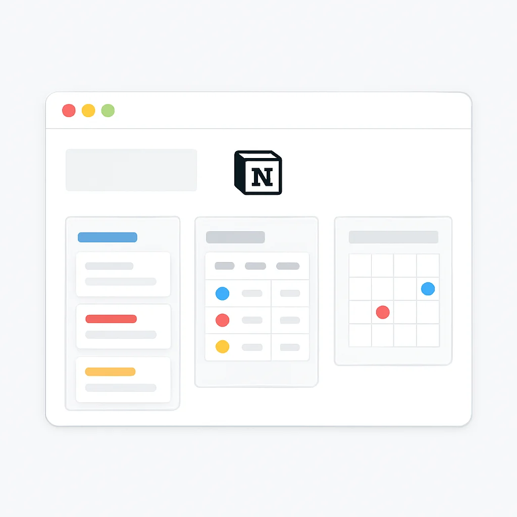 Tableau de bord Notion avec différentes vues de projet (kanban, tableau, calendrier)