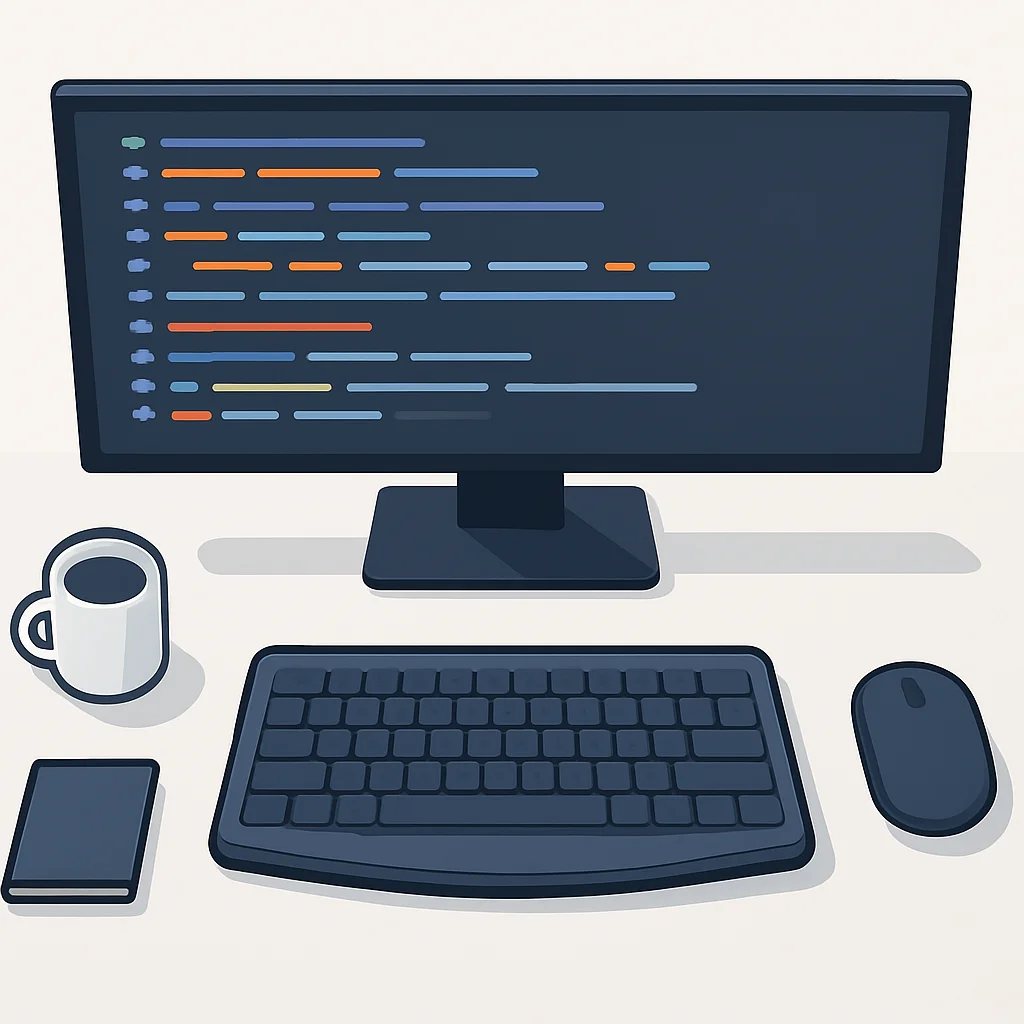 Vue d'ensemble d'un bureau de développeur moderne avec un grand moniteur ultrawide, un clavier ergonomique et une souris