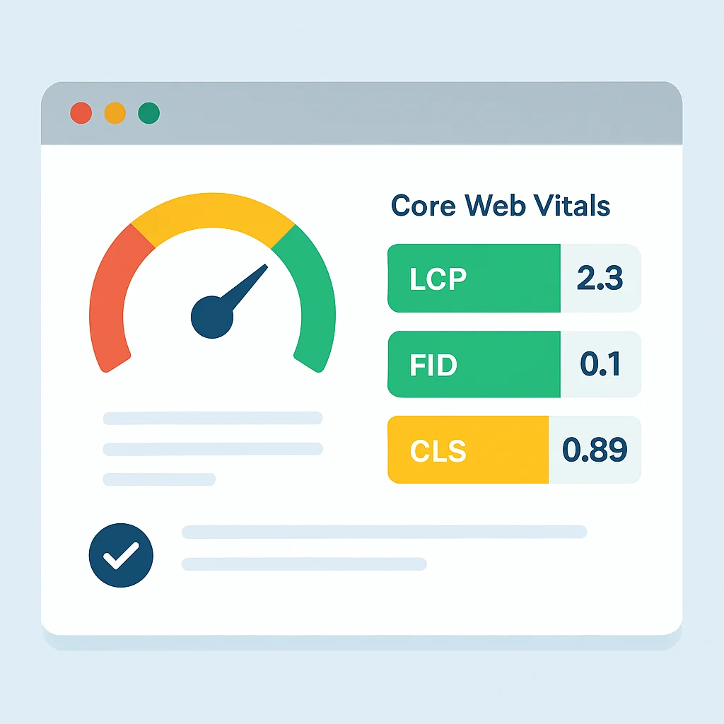 Tableau de bord d'optimisation des performances affichant les scores Core Web Vitals et les recommandations