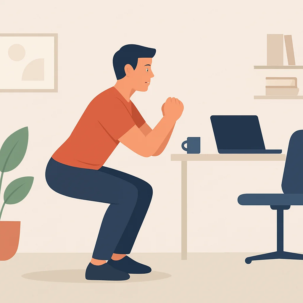 Personne faisant des squats au poids du corps dans un bureau à domicile