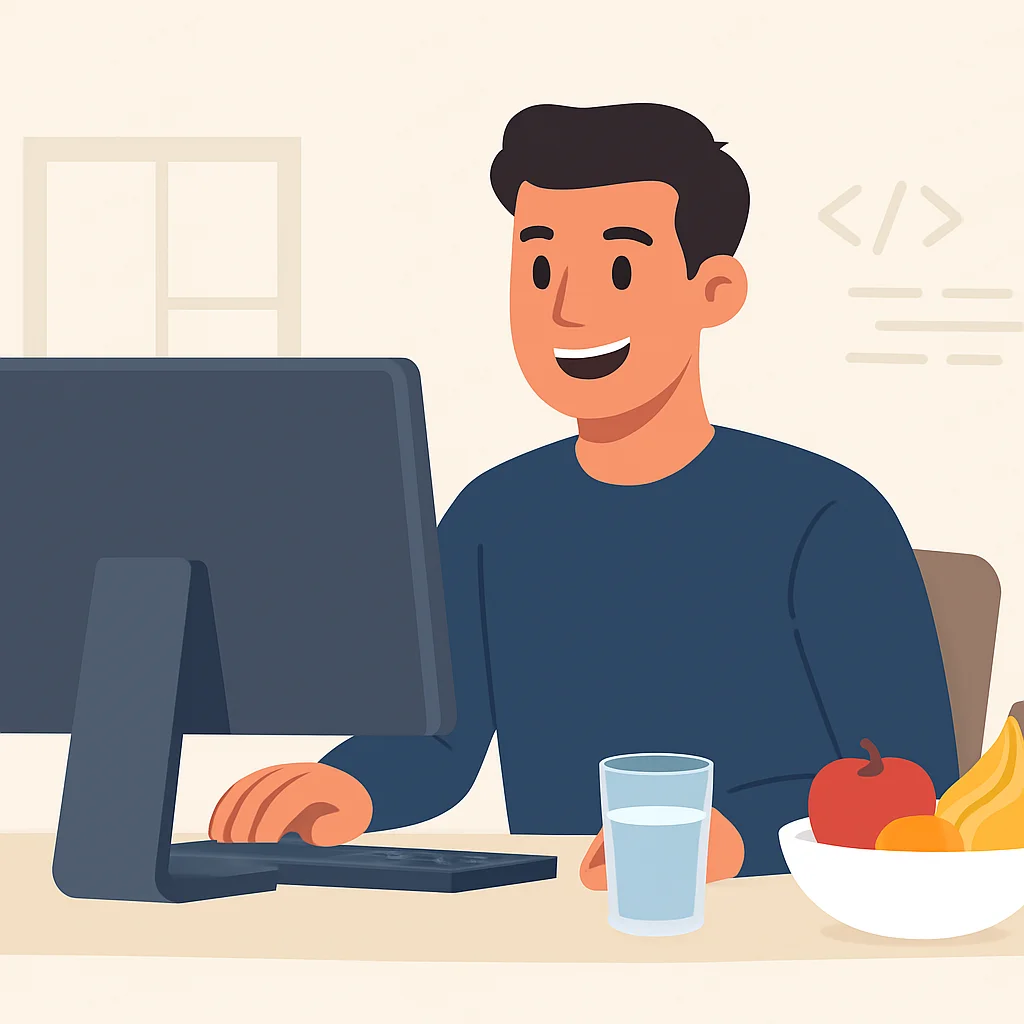 Photo d'un développeur souriant et énergique travaillant sur son ordinateur, avec un verre d'eau et un bol de fruits frais à côté