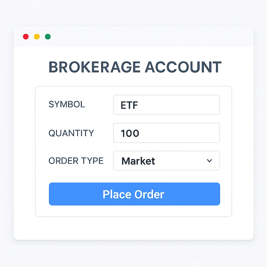 Capture d'écran d'une interface de courtage montrant un formulaire de placement d'ordre ETF avec les champs symbole, quantité et type d'ordre