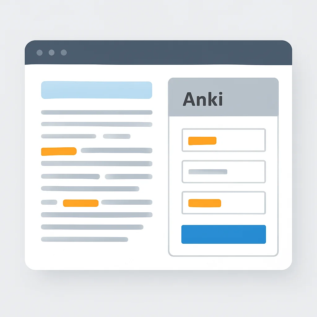 Capture d'écran d'un article de blog technique en langue étrangère avec des mots surlignés ajoutés à Anki, illustrant l'apprentissage contextuel.