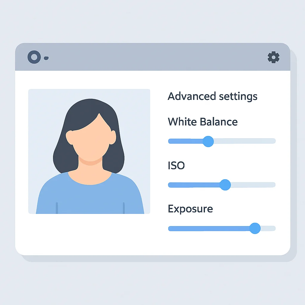 Capture d'écran de l'interface logicielle d'une webcam montrant les réglages avancés (balance des blancs, ISO, exposition)