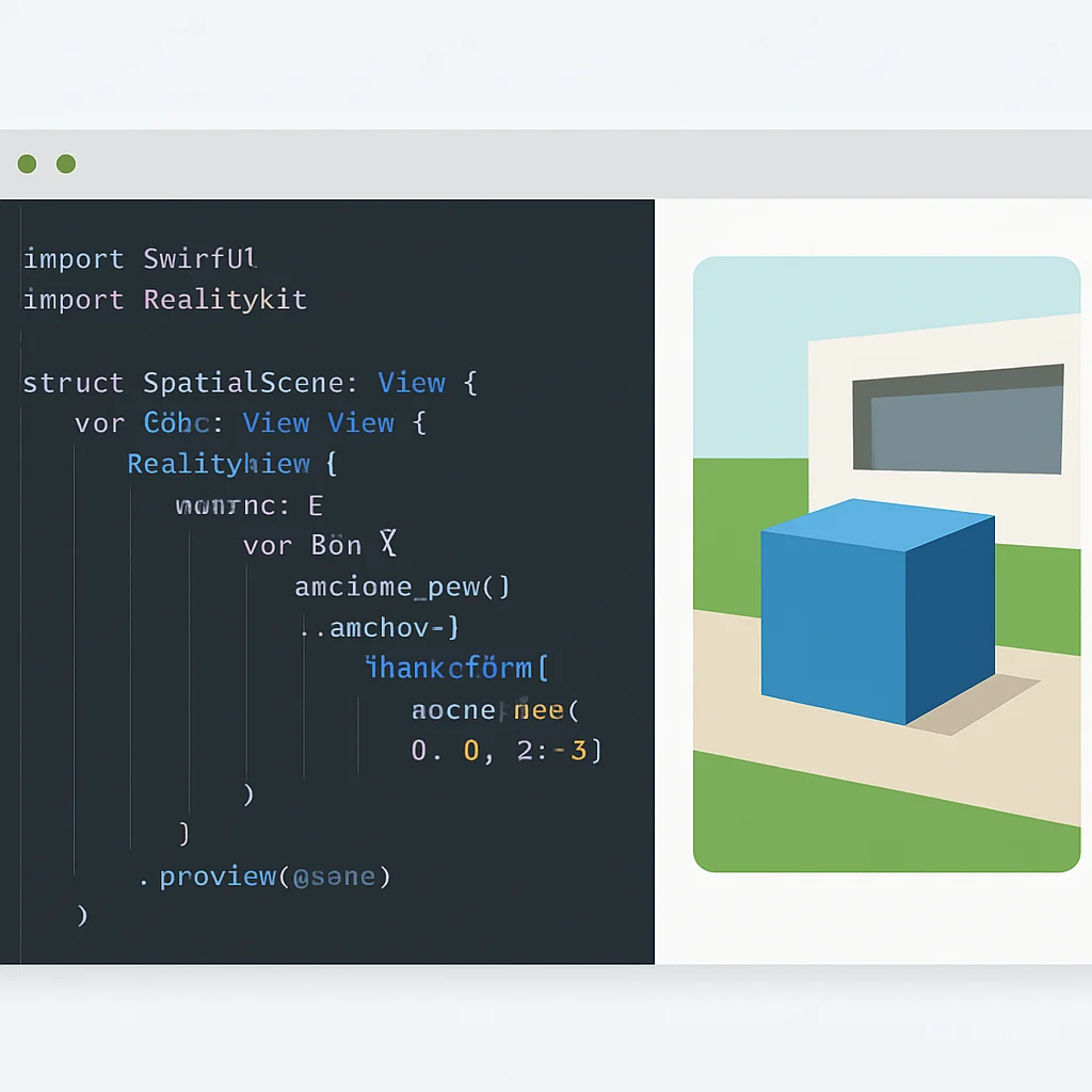 Capture d'écran d'un IDE (ex: Xcode) montrant du code SwiftUI et RealityKit pour une application de Spatial Computing, avec un aperçu d'un objet 3D intégré dans un environnement du monde réel.
