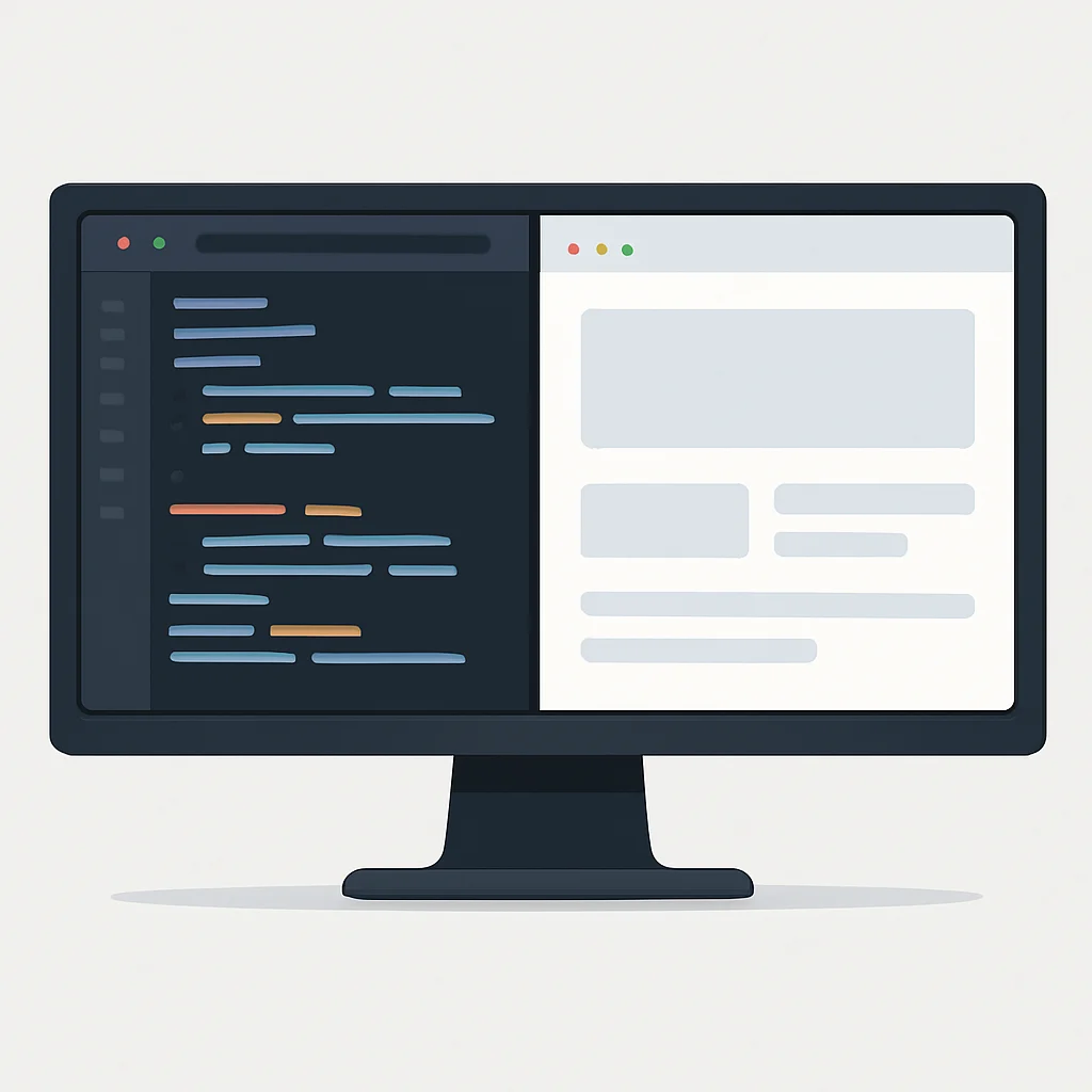 Capture d'écran d'un moniteur ultrawide affichant une disposition en écran partagé avec un IDE d'un côté et un navigateur web de l'autre