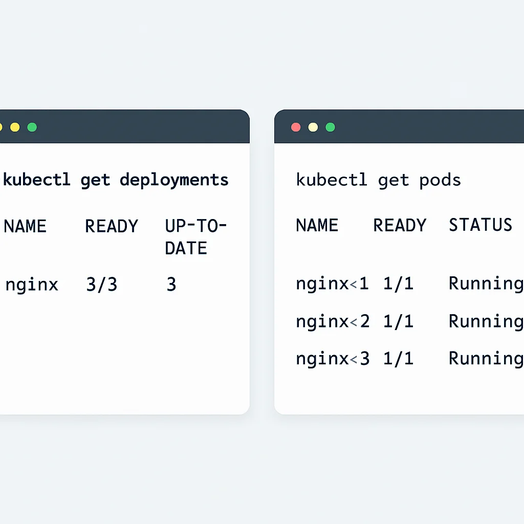 Capture d'écran de la sortie kubectl get deployments et kubectl get pods montrant 3 pods Nginx en cours d'exécution.