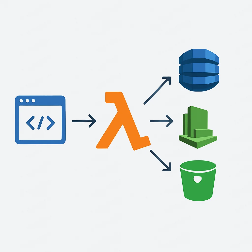 Diagramme d'architecture serverless avec API Gateway, fonctions Lambda, DynamoDB, S3 et CloudWatch