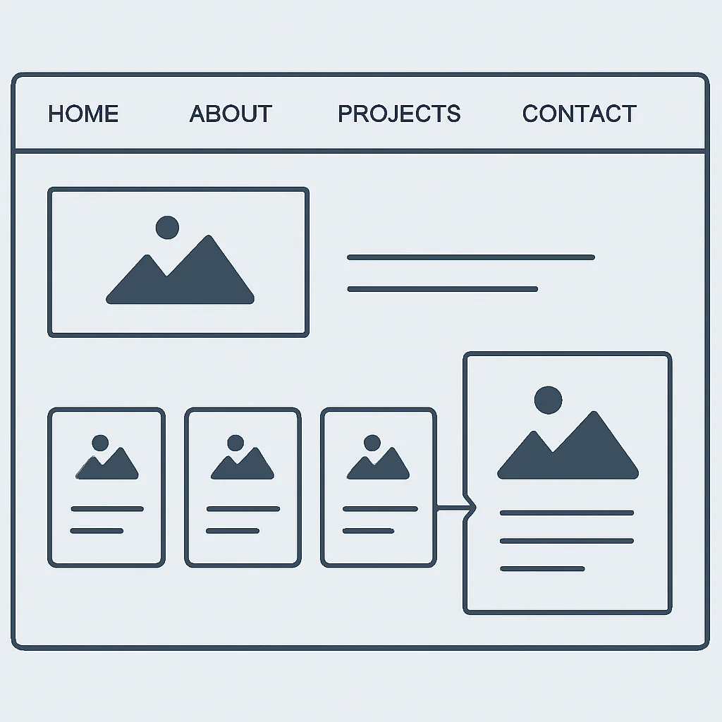 Diagramme filaire montrant la structure typique d'un site web de portfolio de développeur : pages Accueil, À Propos, Projets, Contact, avec des cartes de projets renvoyant à des pages de détails de projet.