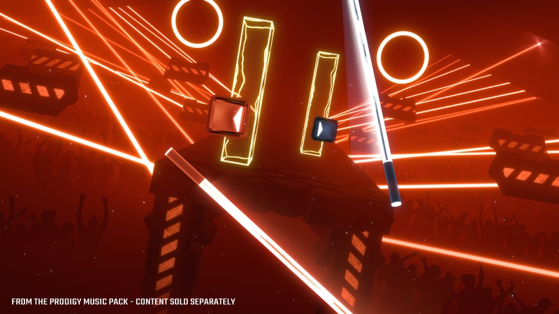 Joueur avec des sabres laser coupant des blocs de musique dans Beat Saber