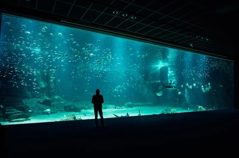 Restaurant sous-marin avec des convives et des poissons nageant à l'extérieur