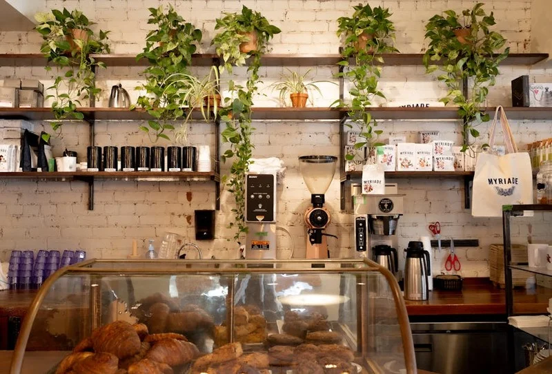 Coffee shop vibrant et artistique avec un décor coloré et diverses options de sièges, Montréal