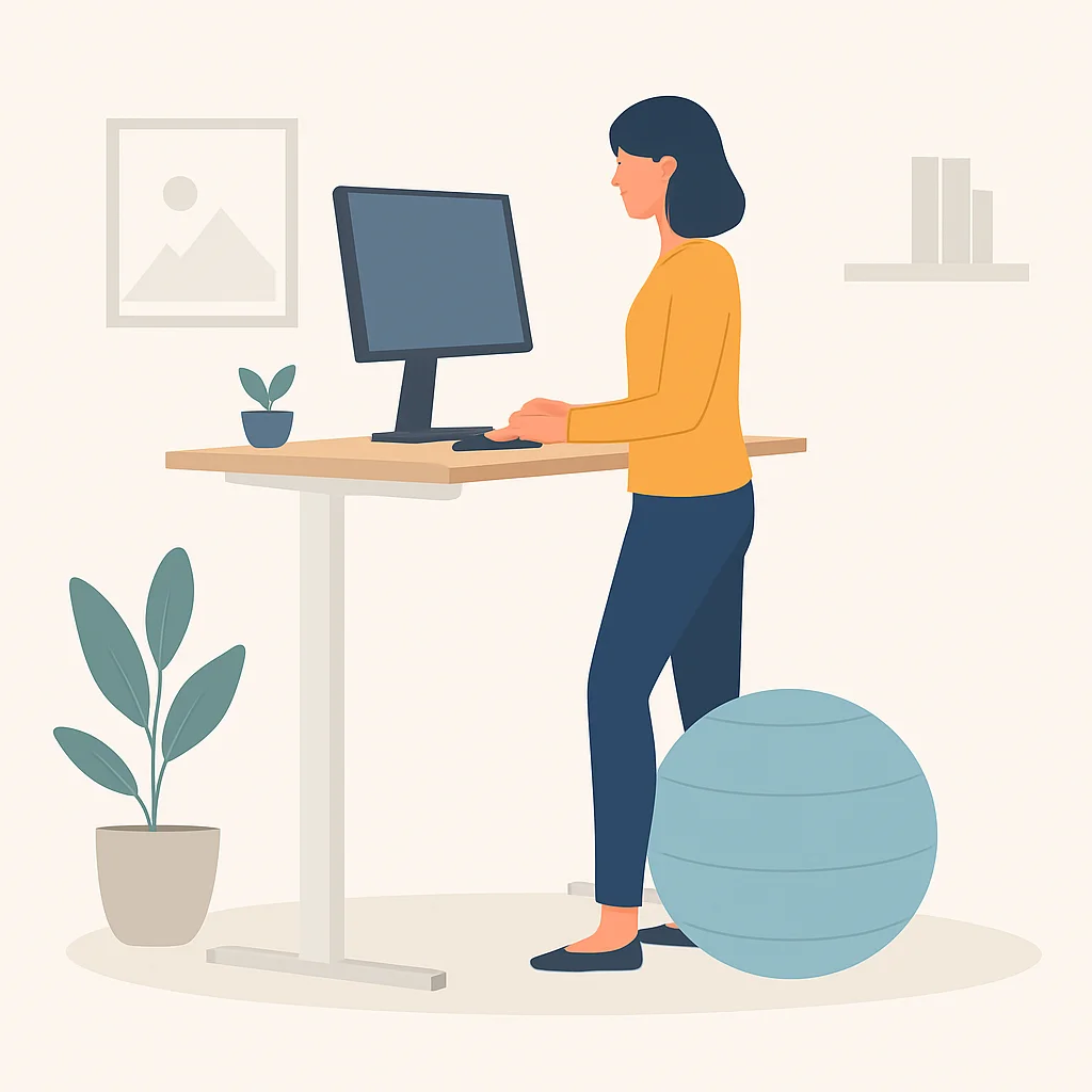 Un bureau ergonomique à domicile avec un bureau debout, un ballon suisse et un écran au niveau des yeux. Une personne est debout et travaille.