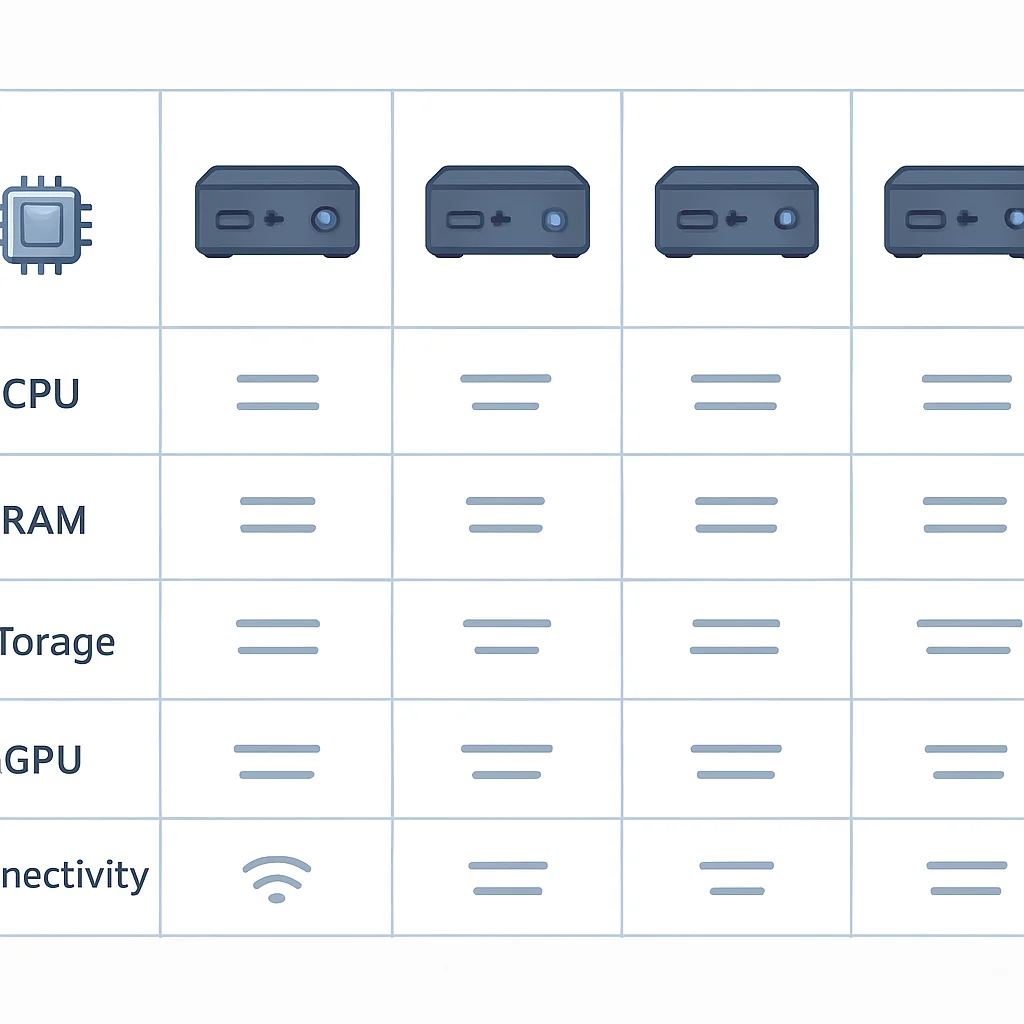 Un tableau comparatif clair et structuré présentant les spécifications de quatre modèles de Mini PC, mettant en évidence le CPU, la RAM, le stockage, le GPU et la connectivité.