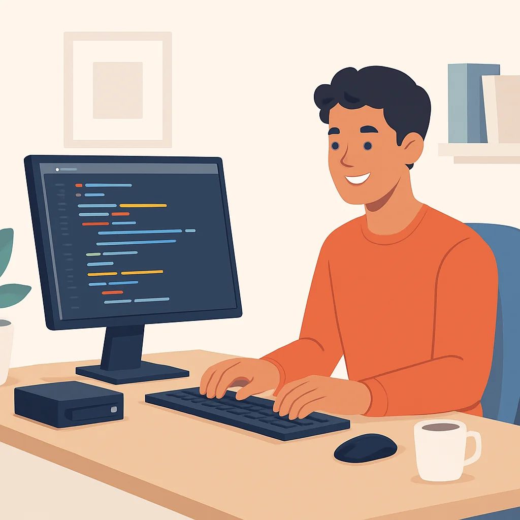 Un développeur travaillant joyeusement à un bureau propre et organisé avec un Mini PC discrètement placé sous le moniteur, illustrant un espace de travail productif et confortable.