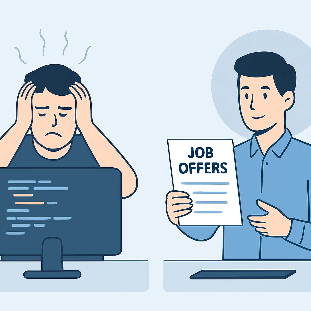 Un développeur stressé devant un écran d'ordinateur, contrastant avec un développeur calme examinant des offres d'emploi.