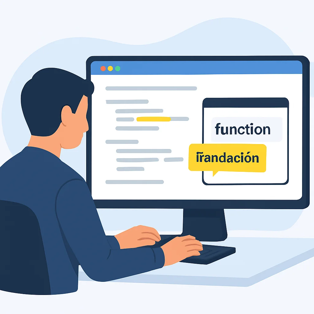 Un développeur utilisant une extension de navigateur qui met en évidence et traduit des mots sur une page de documentation technique, montrant l'apprentissage des langues en action.