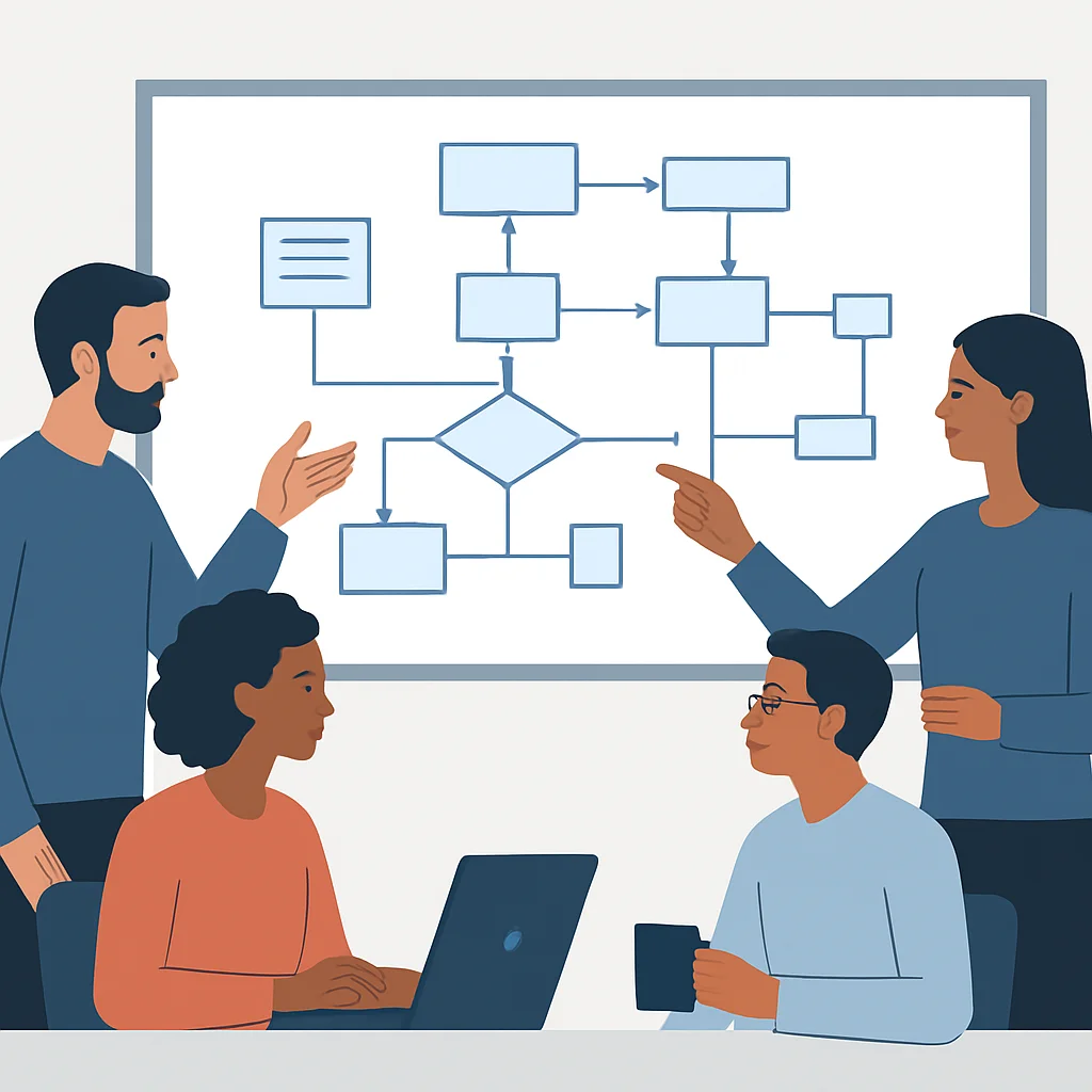 Une équipe de développeurs diversifiée collaborant et discutant d'un diagramme d'architecture logicielle complexe sur un tableau blanc.