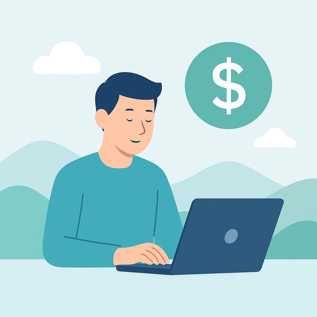 Une personne travaillant calmement sur un ordinateur portable avec un arrière-plan serein, symbolisant la tranquillité d'esprit financière.