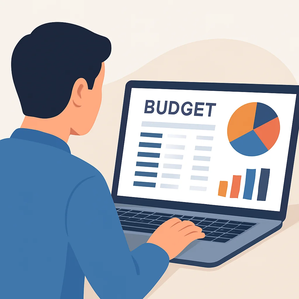 Personne consultant une feuille de calcul budgétaire sur un ordinateur portable, avec des graphiques des catégories de dépenses.