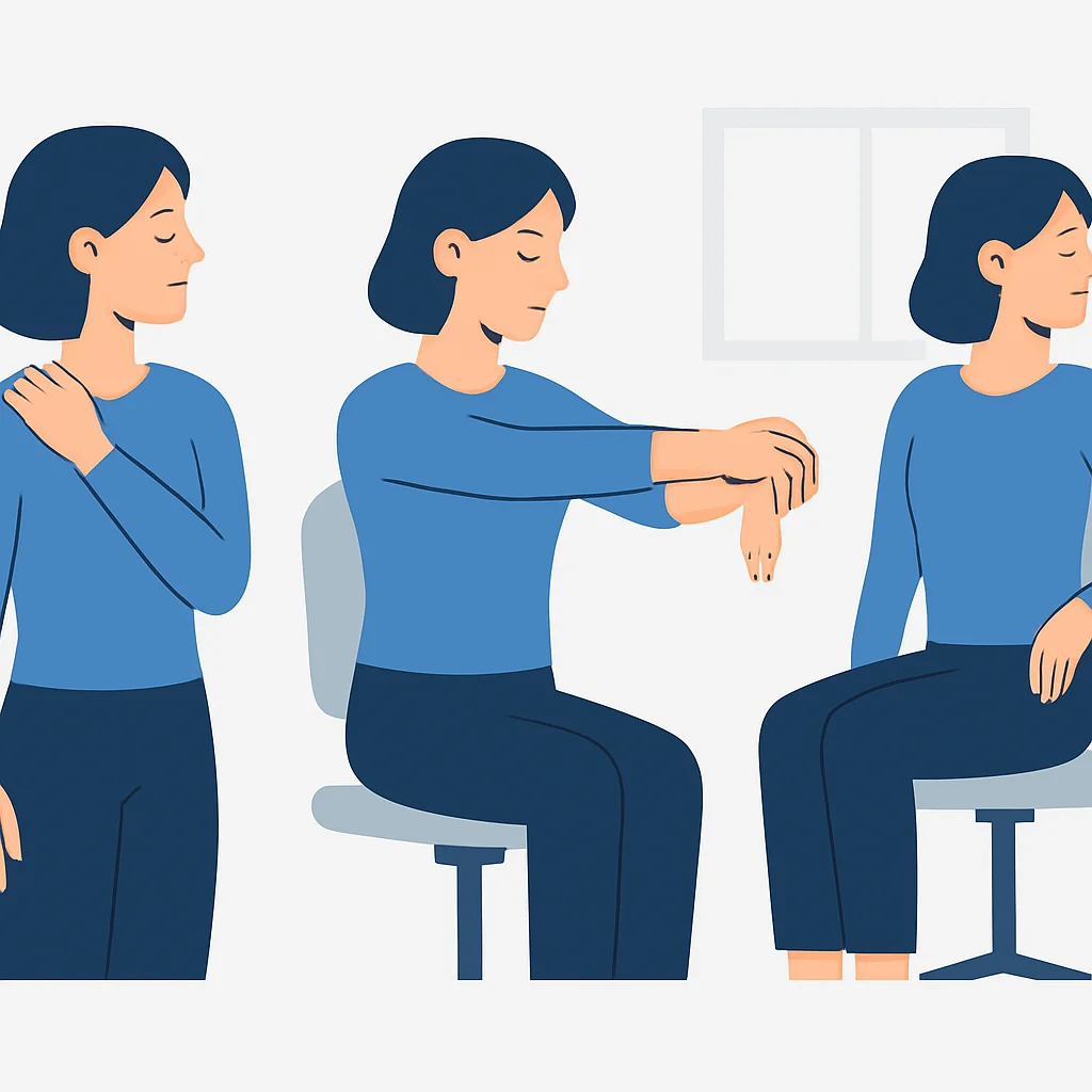 Une personne effectuant des étirements simples au bureau : rotation du cou, étirement du poignet et torsion du torse assis.