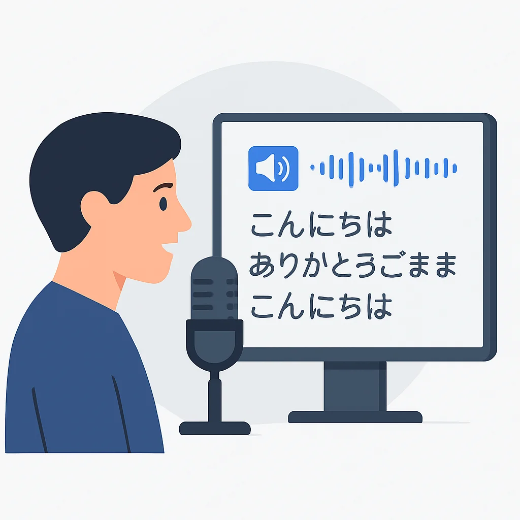 Une personne parlant dans un microphone avec une interface de synthèse vocale à l'écran, affichant des mots transcrits dans une langue étrangère.