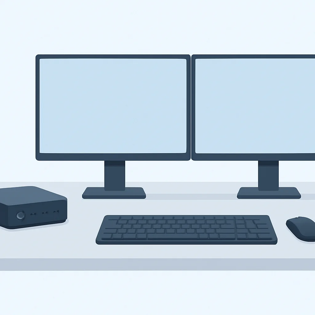 Un Mini PC élégant et moderne sur un bureau minimaliste avec deux grands moniteurs, un clavier et une souris, soulignant sa compacité.
