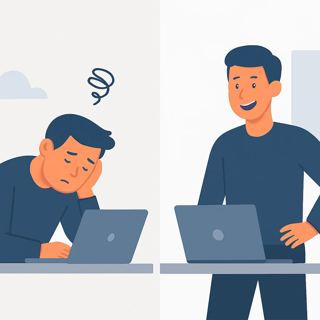 Une image divisée montrant : à gauche, un développeur fatigué et courbé sur son bureau ; à droite, le même développeur énergique, debout à son bureau et souriant.