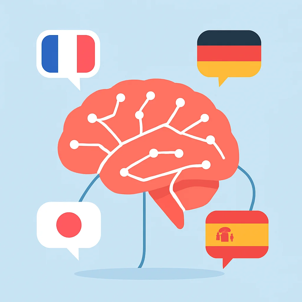 Un cerveau stylisé avec des drapeaux de différentes langues connectés, montrant des voies neuronales améliorées pour le multilinguisme.