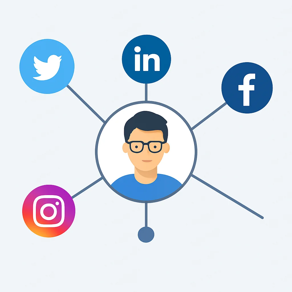 Diagramme abstrait montrant un avatar de développeur connecté à plusieurs icônes de réseaux sociaux avec des lignes représentant l'influence et les opportunités
