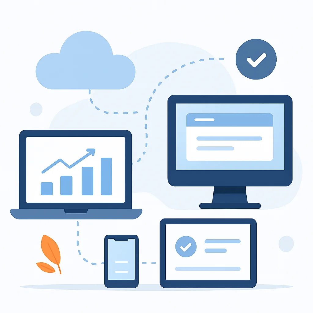 Illustration abstraite d'un espace de travail connecté, symbolisant l'intégration fluide des appareils et une productivité élevée